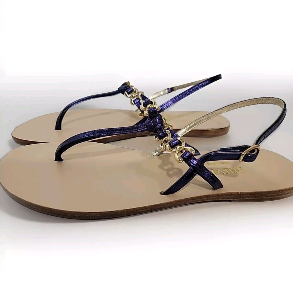 Vera Pelle Italy Purple Leather Champagne Sandals Women's US 7/38 Gold $129 MSRP